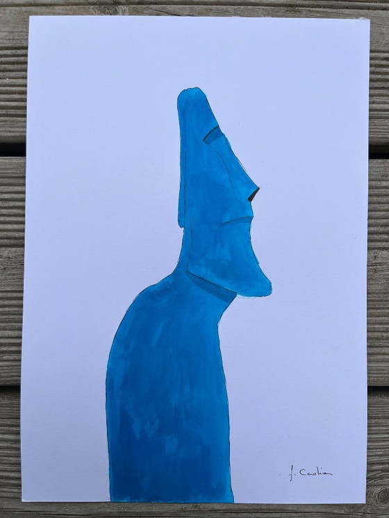Image 1 of Turquoise Oost-Indische inkt op wit papier.  Formaat 30x21cm. Moai