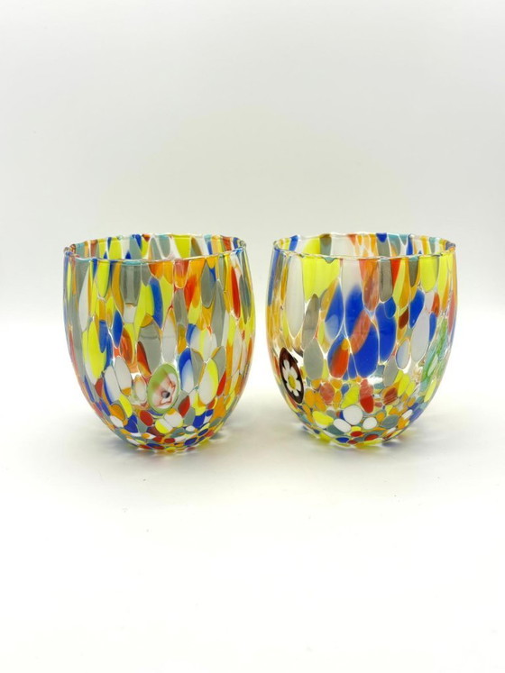 Image 1 of Set di 6 bicchieri in vetro soffiato veneziano con murrine Effetre Murano fuse nel vetro, hand made in italy.