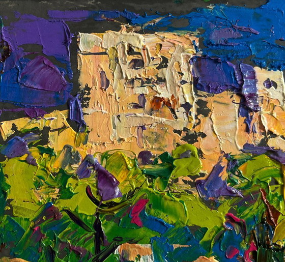 Image 1 of Original Oil Painting Summer Houses Landscape On the outskirts of the city