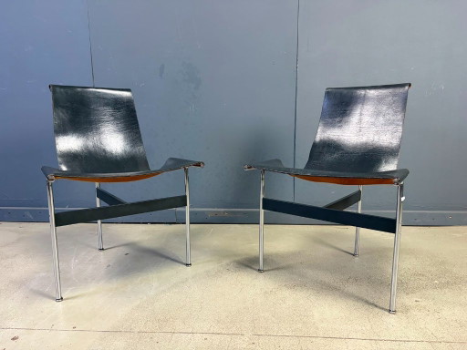 Coppia di sedie T Side di Katavolos, Littell & Kelley per Laverne International. – kuipstoelen, Leather, Metal