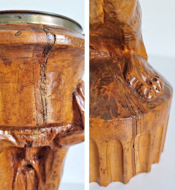 Image 1 of Folk art wooden sculpture lamp with crackled glass