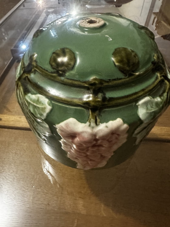 Art Nouveau lamp element in glazed ceramic with vine decoration, France, early 20th century (photo 7 of 13)