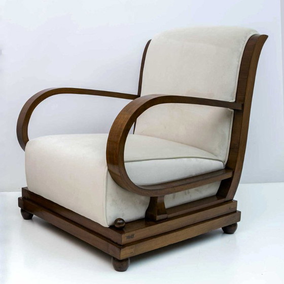 Image 1 of Paire de fauteuils et deux ottomans Art Déco en noyer et velours italiens, années 1920