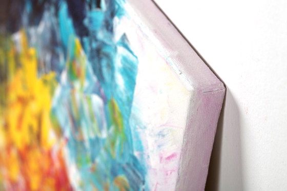 Image 1 of Acrylic painting on canvas in blue, pink, and yellow.