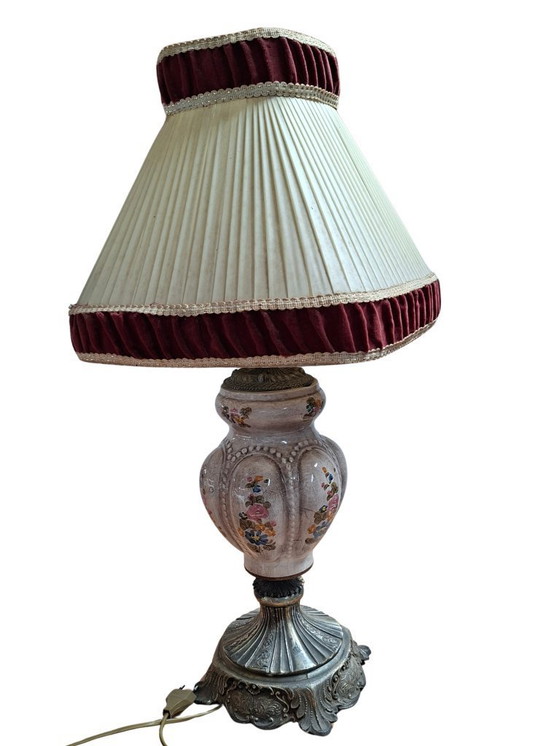 Image 1 of Vintage Hand-Painted Ceramic and Bordeaux Velvet Table Lamp