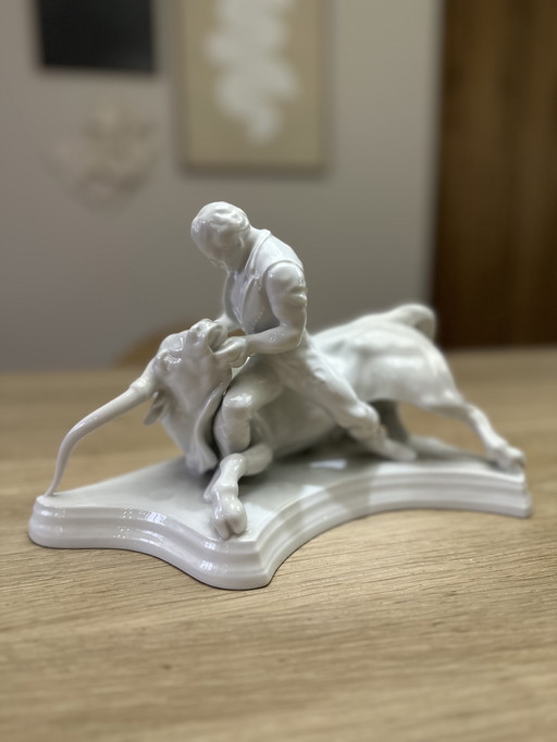 Vintage porcelain sculpture – bull with figure – missing one horn – classic white decorative object