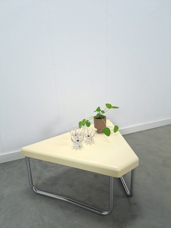 Image 1 of Space age triangular plastic table with chrome tubular frame legs