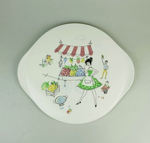 Taartbord uit de jaren 50, Grunstadt, met prachtige decoratie, zuidelijk tafereel, fruit- en groenteverkoper.