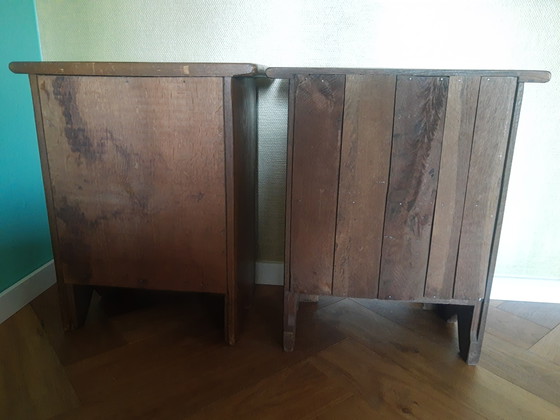 Unieke Set Handgemaakte Antieke Arts&Crafts Art-Nouveau Eikenhouten Kastjes Halkastjes Nachtkastjes, (photo 13 of 15)