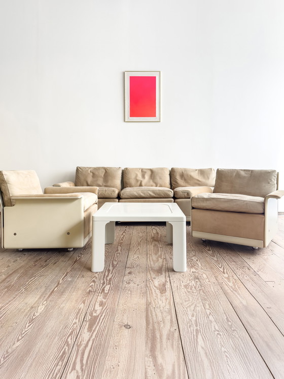 Image 1 of Mid-Century Modern Lounge Sofa, Armchair and Table, Sofa Set in Glass Fiber and Suede by Dieter Rams for Vitsoe, Germany, 1960s,