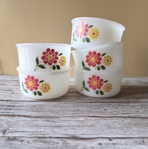Arcopal Lotus ramequins vintage lotto di 5 | Ciotole da dessert francesi in vetro di latte | fiori d'arancio anni 70