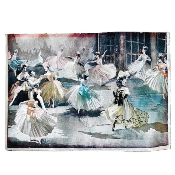 Image 1 of Antieke set foliedruk schilderijtjes ballet bloemen folieprint metaalets 1920's