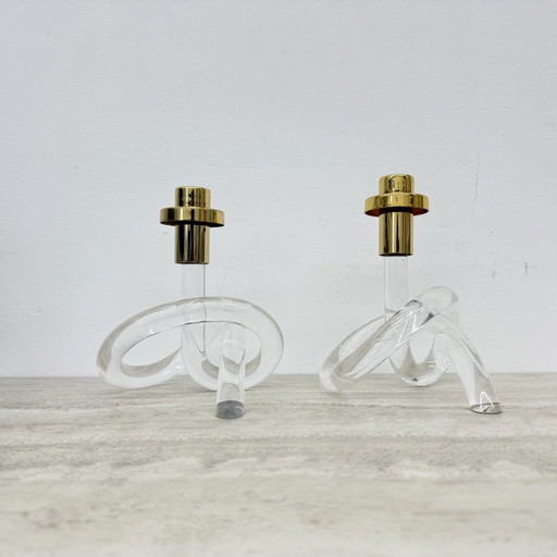 Paar Dorothy Thorpe Pretzel mid-century lucite kandelaars, jaren 40