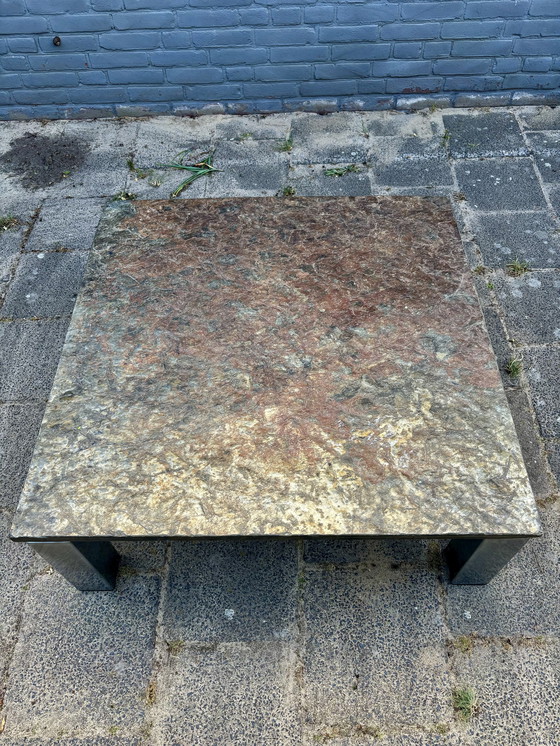 Image 1 of Vintage Brutalist Leistenen Salontafel met Chroom Onderstel – 80x80 cm