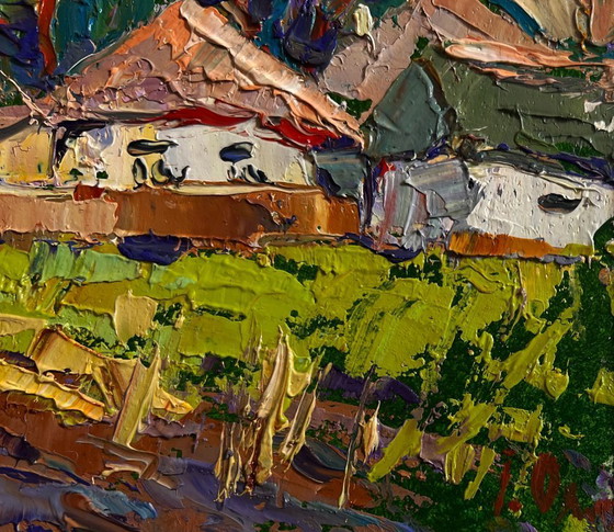Image 1 of Originales Ölgemälde: Sommerhäuser, Landschaft am Dorfrand