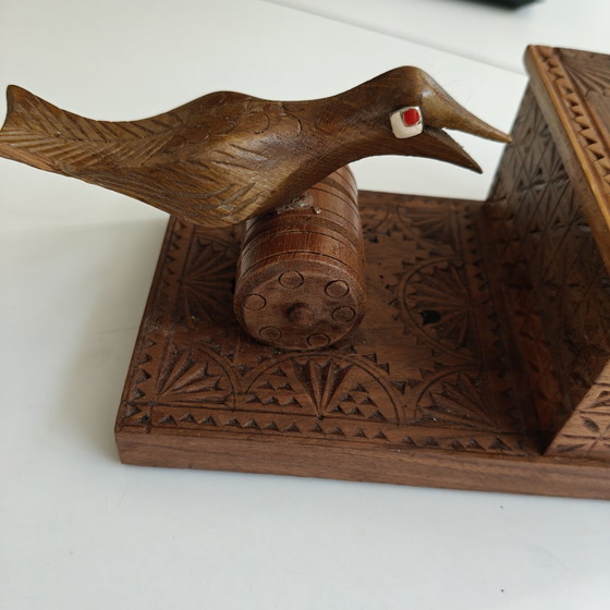 Image 1 of Hand-Carved Mechanical Bird Cigarette Dispenser | Folk Art Wooden Box | Working Mechanism