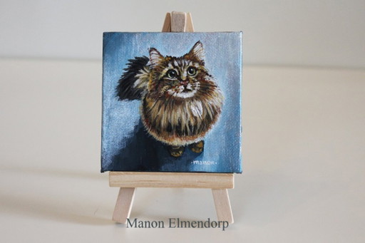 Unique Hand-Painted Small Cat Painting, Signed