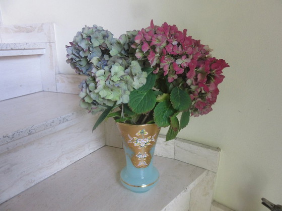 Image 1 of Art Nouveau Vase Large Heavy Enameled Turquoise Gold  