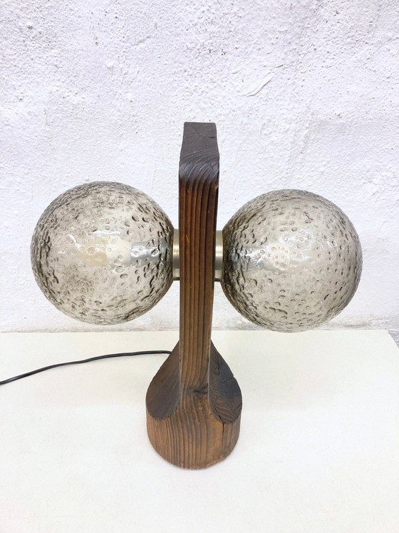 Image 1 of Tischleuchte von Temde aus Holz und Glas zweiflammig 70er brutalistischer Stil