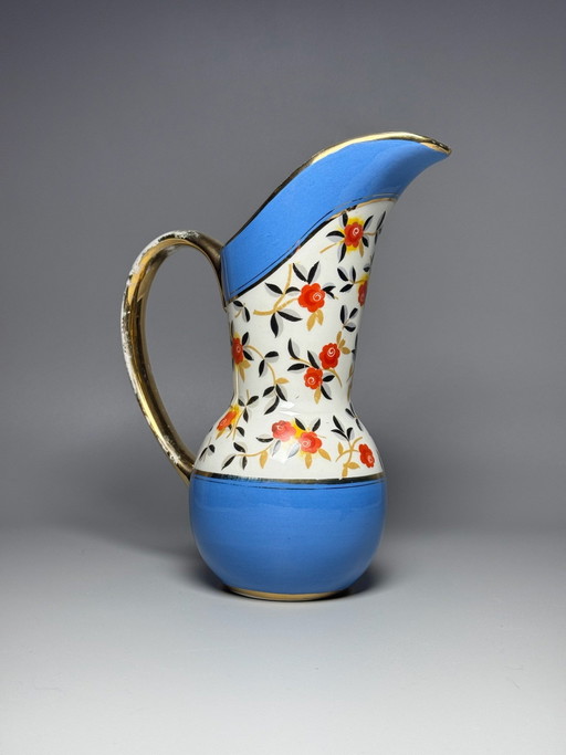Boch Frères Keramis – Raymond Chevallier – Pichet en céramique Art Déco à décor floral, Belgique, circa années 1940