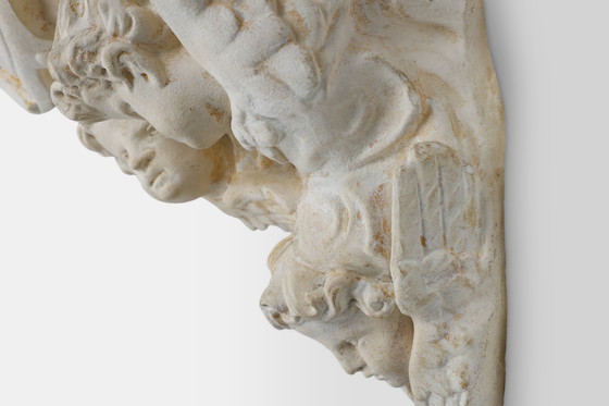 Image 1 of Console murale ancienne en plâtre français avec 3 chérubins, années 1900