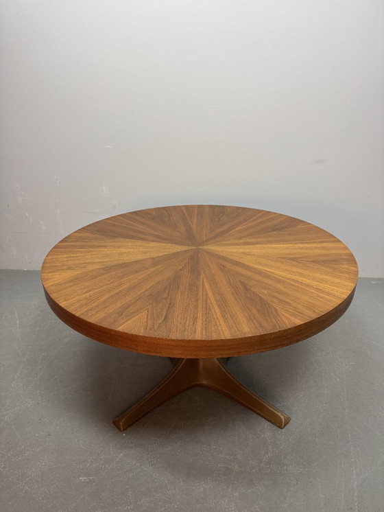 Image 1 of Mid-Century Design Round Adjustable Wooden Veneer Coffee / Dining Table by Ilse Möbel with Solid Centered Pedestal, Germany 1960