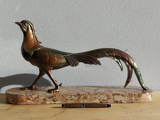 Sculture di uccelli in bronzo su base in terrazzo, Marmo, Metallo, Verde, Art Deco (foto 7 di 7)