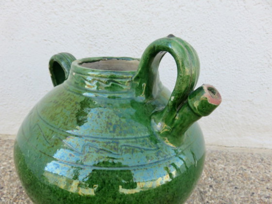 Image 1 of Ancienne jarre à huile en terre cuite vernissée vert, sud de la France, fin XIXème