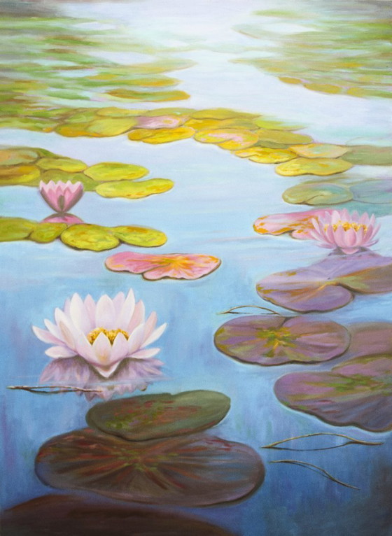 Image 1 of Cuadro de nenúfares pintado al óleo firmado por el autor. Nenúfares al óleo sobre tabla. cuadro gran tamaño. Cuadro mural. 