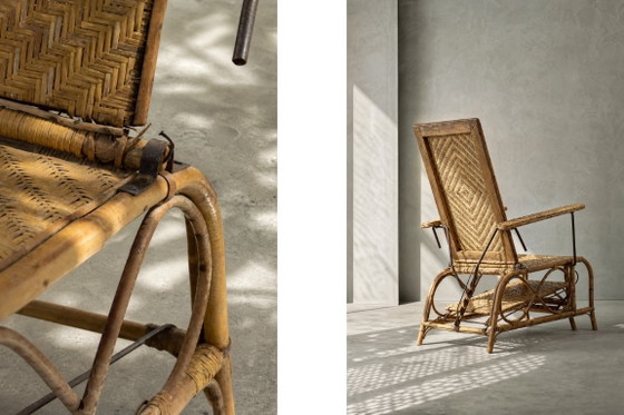 Image 1 of Sillón alemán antiguo de ratán con reposapiés extensible, de la década de 1930.