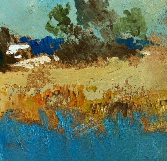 Image 1 of Origineel olieverfschilderij: Kustlandschap langs een rivier, wandelend nabij een bosvijver.