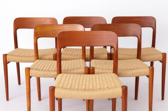 Grote set van 8 Niels Otto Møller teakhouten eetkamerstoelen – model 75 (jaren 1950), Deense zittingen van (photo 4 of 15)