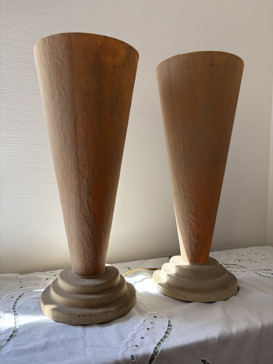 Image 1 of Vintage set of postmodern design sculptural plaster and fiberglass table lamps