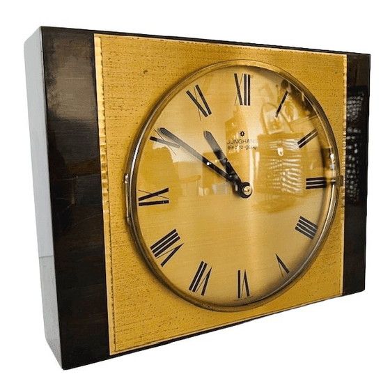 Image 1 of Orologio da parete vintage modernista Junghans Electro Gong, orologio da tavolo in legno e ottone, anni '60