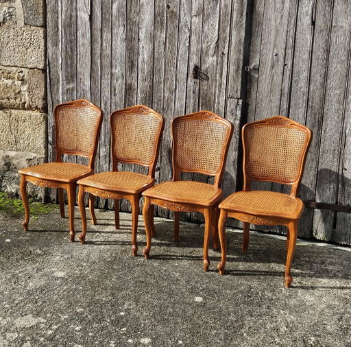 4 chaises de salle à manger vintage françaises en rotin - chaises de style cottage - style Louis XV - années 80