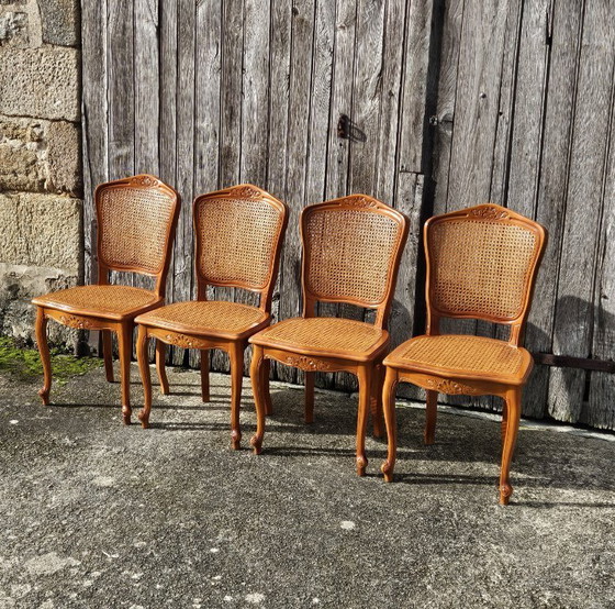 Image 1 of 4 chaises de salle à manger vintage françaises en rotin - chaises de style cottage - style Louis XV - années 80