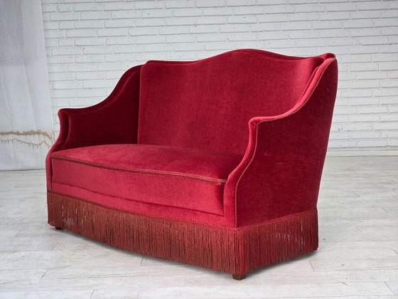1970s, Danish 2-Seater Sofa, Red Furniture Velour, Ash Wood Legs. – 2 seaters, Velvet (photo 6 of 20)