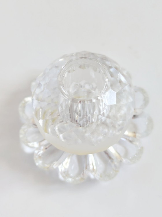 Image 1 of Set of 3 Vintage Crystal Candle Holders, Midcentury Faceted Glass Daisy Base Ornaments