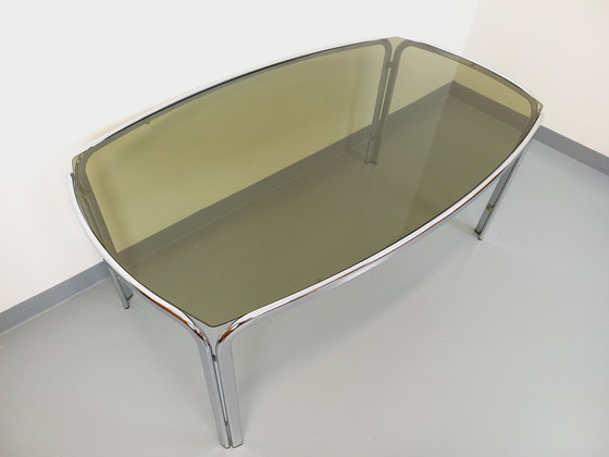 Image 1 of Incurved Rectangular Dining Table in Smoked Glass and Chrome Metal 70's Space Age Style