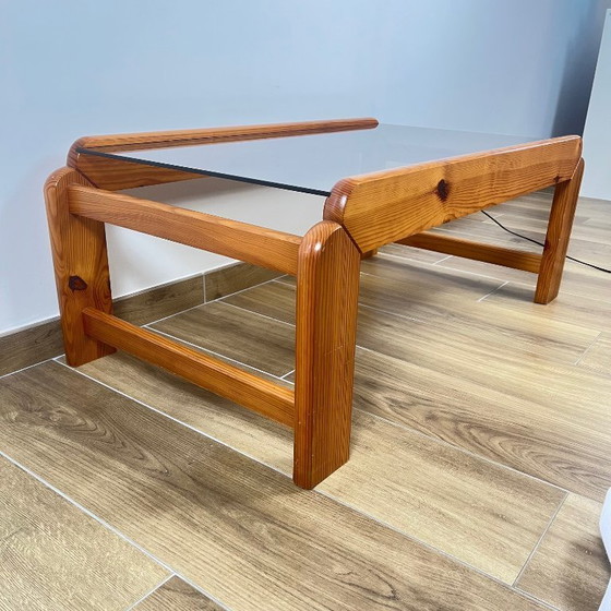 Image 1 of Mesa de centro de pino con tapa de cristal ahumado, 1970/80