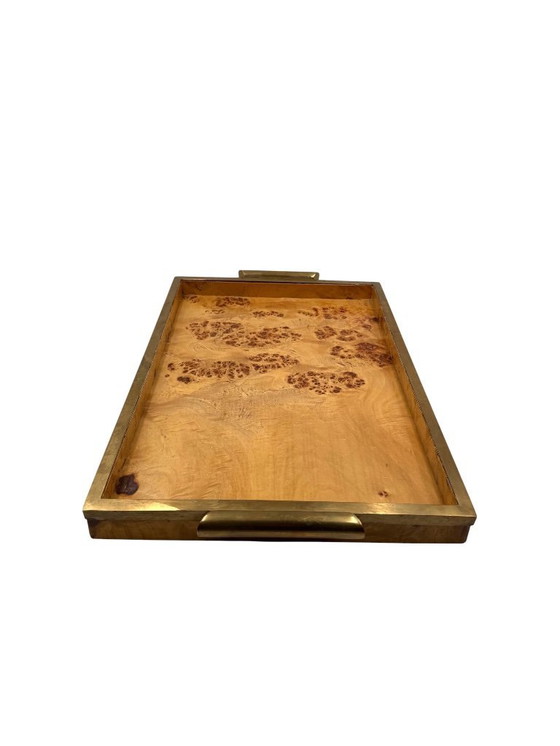 Image 1 of Hollywood regency brass & burl tray, Italy 1970s