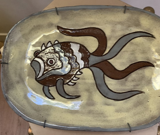 Large stoneware wall plate – champlevé fish decor – 50s-60s (Vallauris / Derval / Agard style) erased (photo 6 of 15)