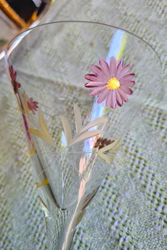 Image 1 of 6x Theresienthal meesterglas glazen op hoge steel, met goud, roze en lindegroen