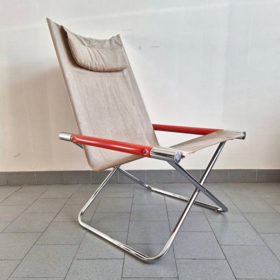 Image 1 of Poltrona pieghevole vintage giapponese, anni '70, in acciaio cromato e arancione e tela di iuta.