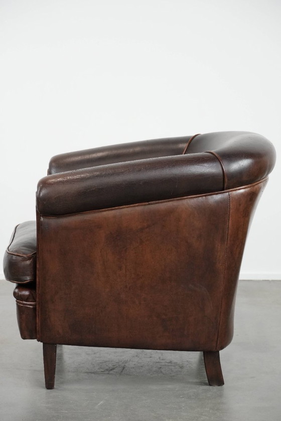 Image 1 of Donkerbruine Vintage Clubfauteuil In Engelse Stijl Gemaakt Van Schapenleer