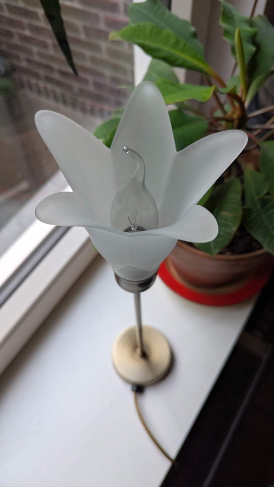Lampada da tavolo in ottone con paralume a tulipano in vetro smerigliato, Lampade da tavolo, Dorato (foto 5 di 8)
