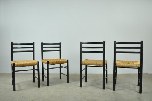Mid-Central modern dining chairs with rush seats, 1960s