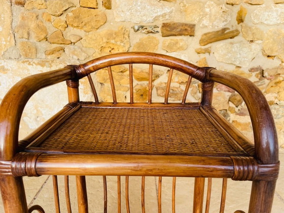 Image 1 of Mid-Century, Two-Tiered, Bamboo & Wicker Nightstand 1970s