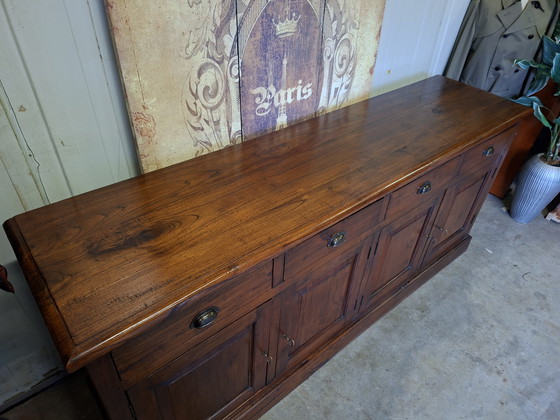 Image 1 of Credenza, mobile a parete e consolle classiche in teak scuro, 200x50 cm e altezza 90 cm.