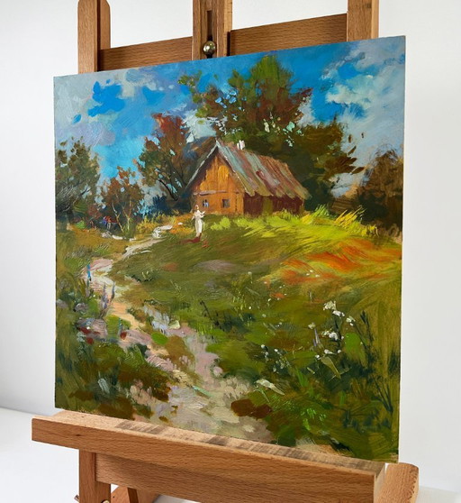 Original Oil Painting Summer Nature Landscape House on the hill